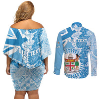 Personalised Fiji Day Couples Matching Off Shoulder Short Dress and Long Sleeve Button Shirt Fijian Map Hibiscus Tapa Pattern LT01 - Polynesian Pride
