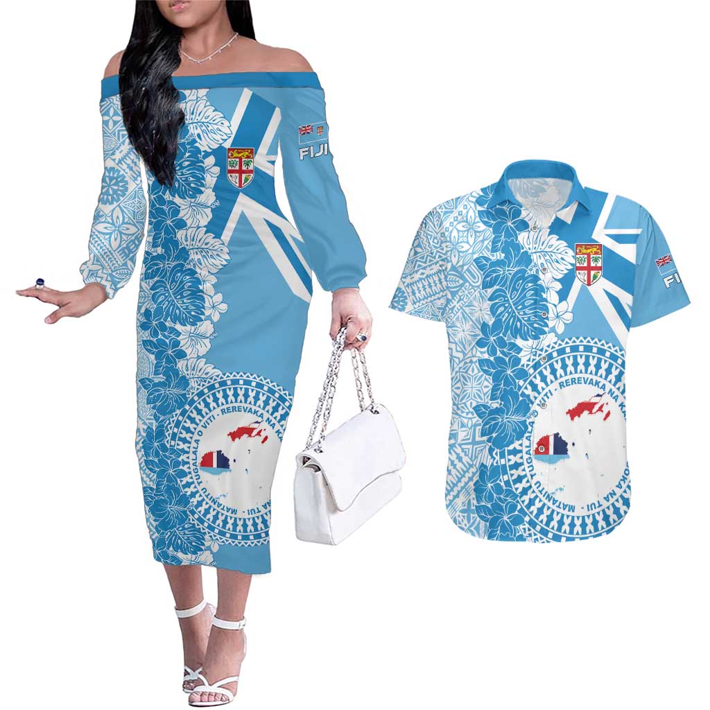 Personalised Fiji Day Couples Matching Off The Shoulder Long Sleeve Dress and Hawaiian Shirt Fijian Map Hibiscus Tapa Pattern LT01 Blue - Polynesian Pride