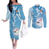 Personalised Fiji Day Couples Matching Off The Shoulder Long Sleeve Dress and Long Sleeve Button Shirt Fijian Map Hibiscus Tapa Pattern LT01 Blue - Polynesian Pride