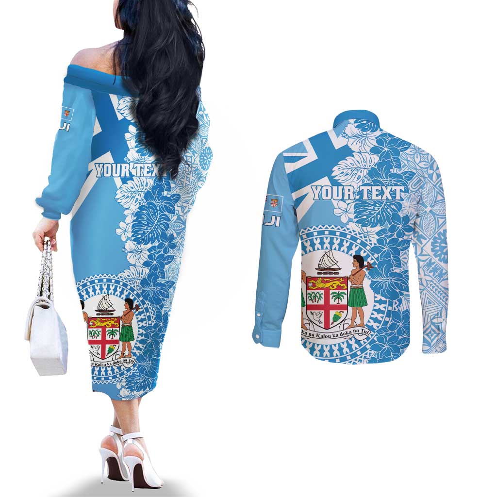 Personalised Fiji Day Couples Matching Off The Shoulder Long Sleeve Dress and Long Sleeve Button Shirt Fijian Map Hibiscus Tapa Pattern LT01 - Polynesian Pride