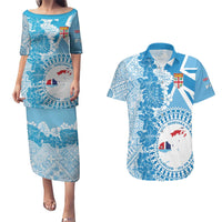 Personalised Fiji Day Couples Matching Puletasi and Hawaiian Shirt Fijian Map Hibiscus Tapa Pattern LT01 Blue - Polynesian Pride