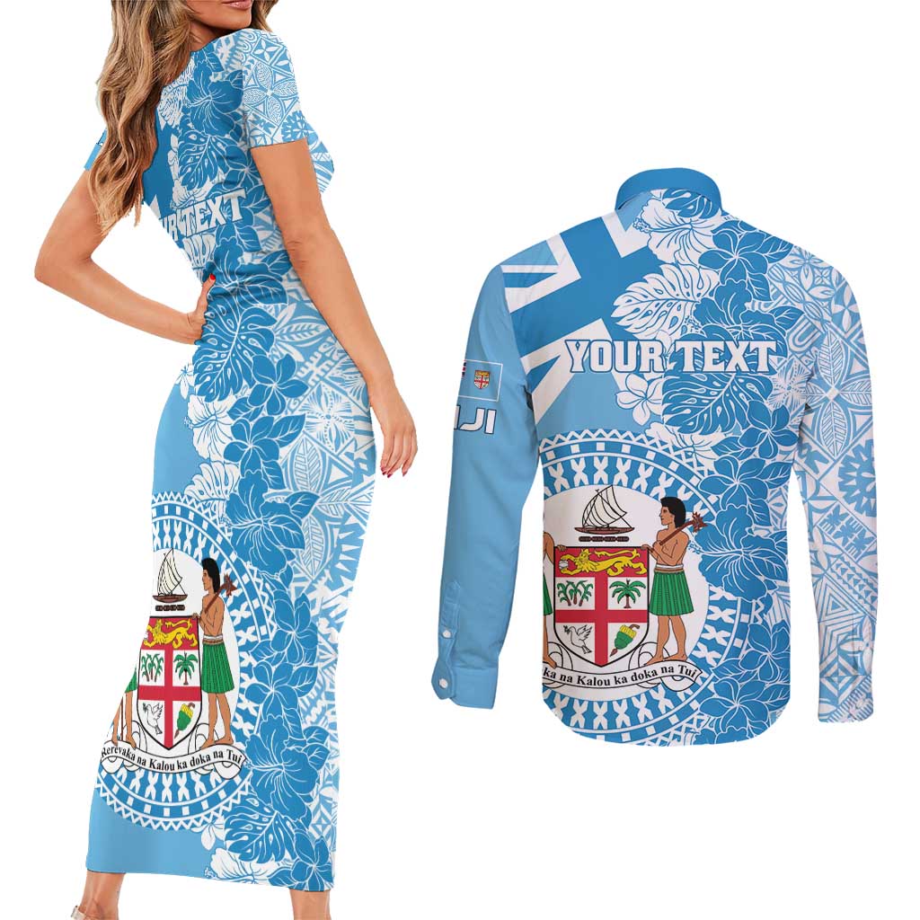 Personalised Fiji Day Couples Matching Short Sleeve Bodycon Dress and Long Sleeve Button Shirt Fijian Map Hibiscus Tapa Pattern LT01 - Polynesian Pride