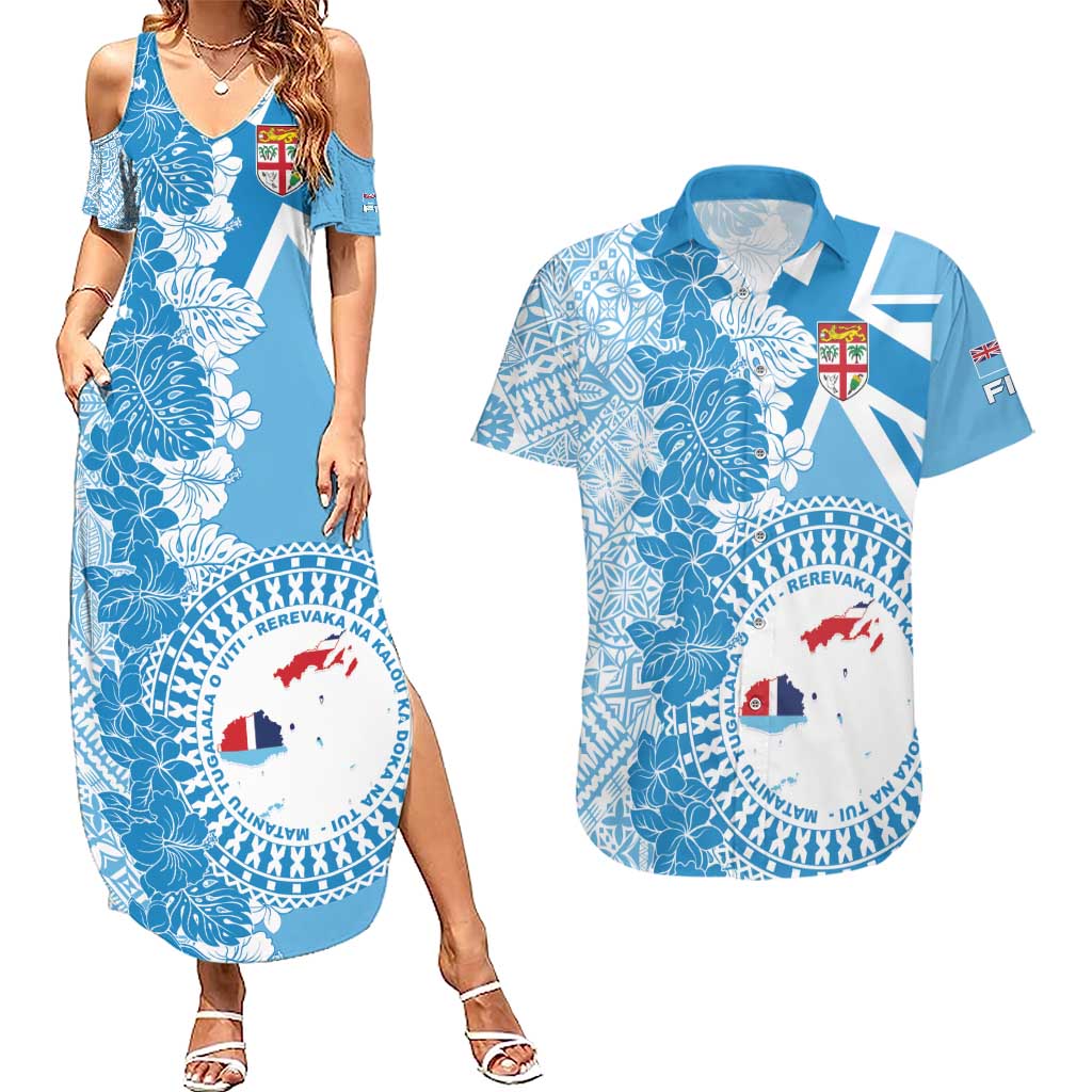 Personalised Fiji Day Couples Matching Summer Maxi Dress and Hawaiian Shirt Fijian Map Hibiscus Tapa Pattern LT01 Blue - Polynesian Pride