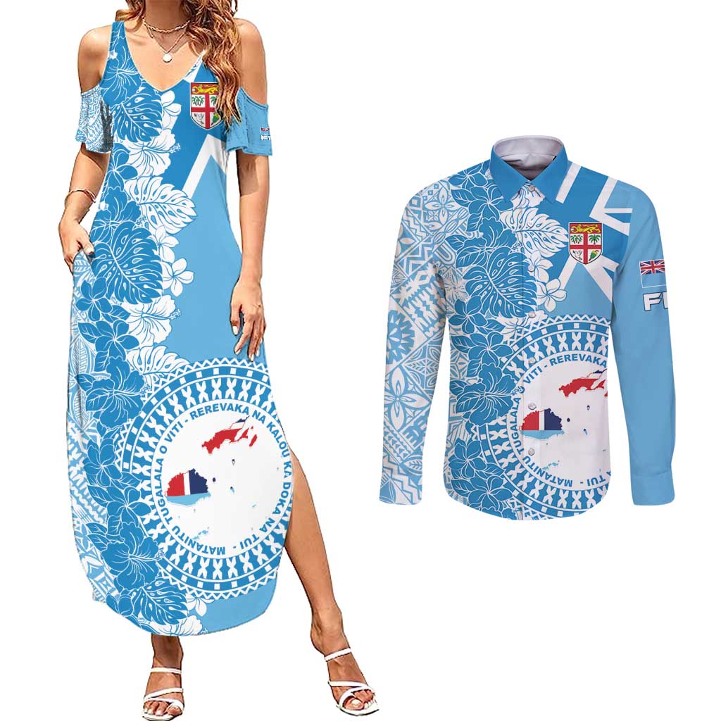 Personalised Fiji Day Couples Matching Summer Maxi Dress and Long Sleeve Button Shirt Fijian Map Hibiscus Tapa Pattern LT01 Blue - Polynesian Pride