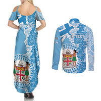 Personalised Fiji Day Couples Matching Summer Maxi Dress and Long Sleeve Button Shirt Fijian Map Hibiscus Tapa Pattern LT01 - Polynesian Pride