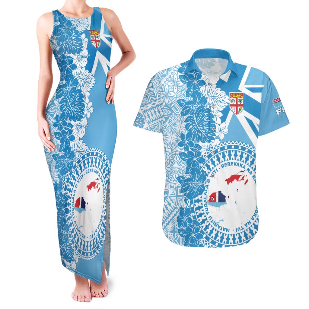 Personalised Fiji Day Couples Matching Tank Maxi Dress and Hawaiian Shirt Fijian Map Hibiscus Tapa Pattern LT01 Blue - Polynesian Pride
