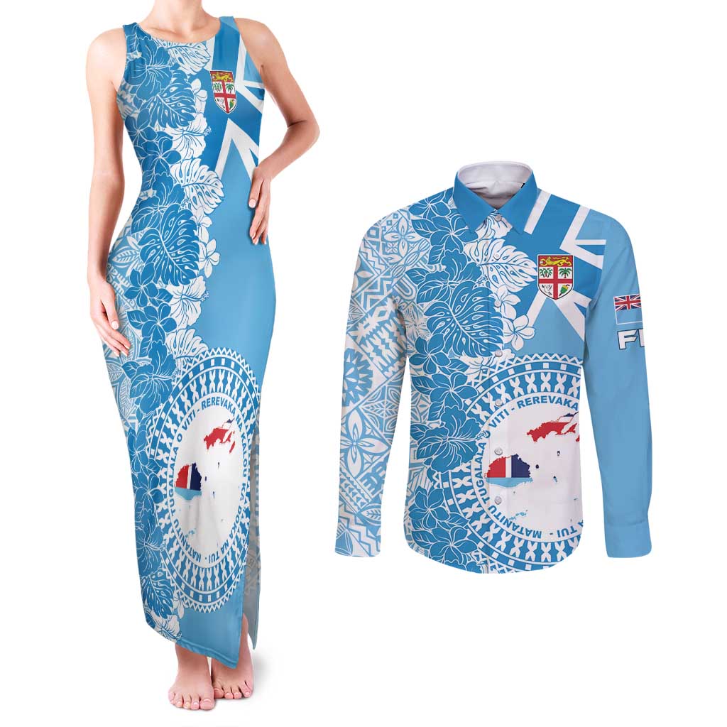 Personalised Fiji Day Couples Matching Tank Maxi Dress and Long Sleeve Button Shirt Fijian Map Hibiscus Tapa Pattern LT01 Blue - Polynesian Pride