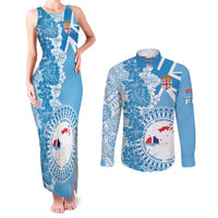 Personalised Fiji Day Couples Matching Tank Maxi Dress and Long Sleeve Button Shirt Fijian Map Hibiscus Tapa Pattern LT01 Blue - Polynesian Pride