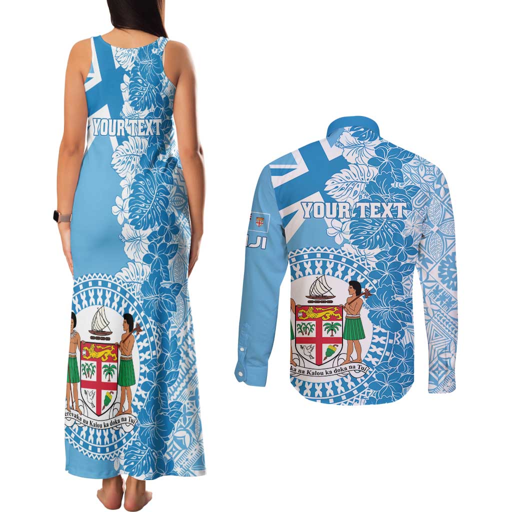 Personalised Fiji Day Couples Matching Tank Maxi Dress and Long Sleeve Button Shirt Fijian Map Hibiscus Tapa Pattern LT01 - Polynesian Pride