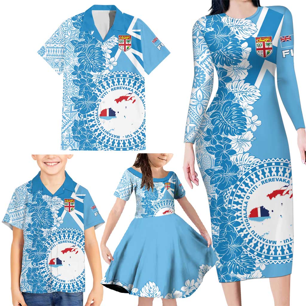Personalised Fiji Day Family Matching Long Sleeve Bodycon Dress and Hawaiian Shirt Fijian Map Hibiscus Tapa Pattern LT01 - Polynesian Pride