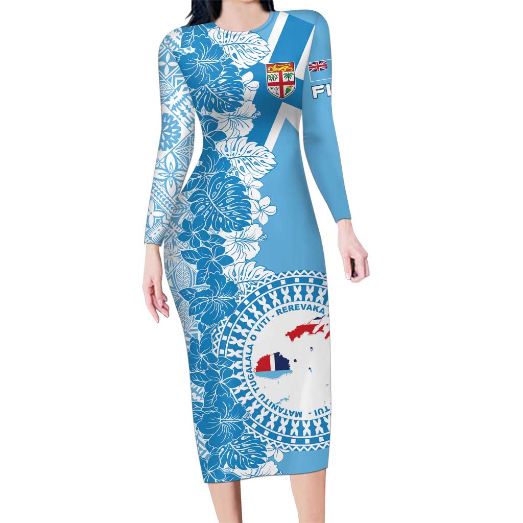 Personalised Fiji Day Family Matching Long Sleeve Bodycon Dress and Hawaiian Shirt Fijian Map Hibiscus Tapa Pattern LT01 Mom's Dress Blue - Polynesian Pride