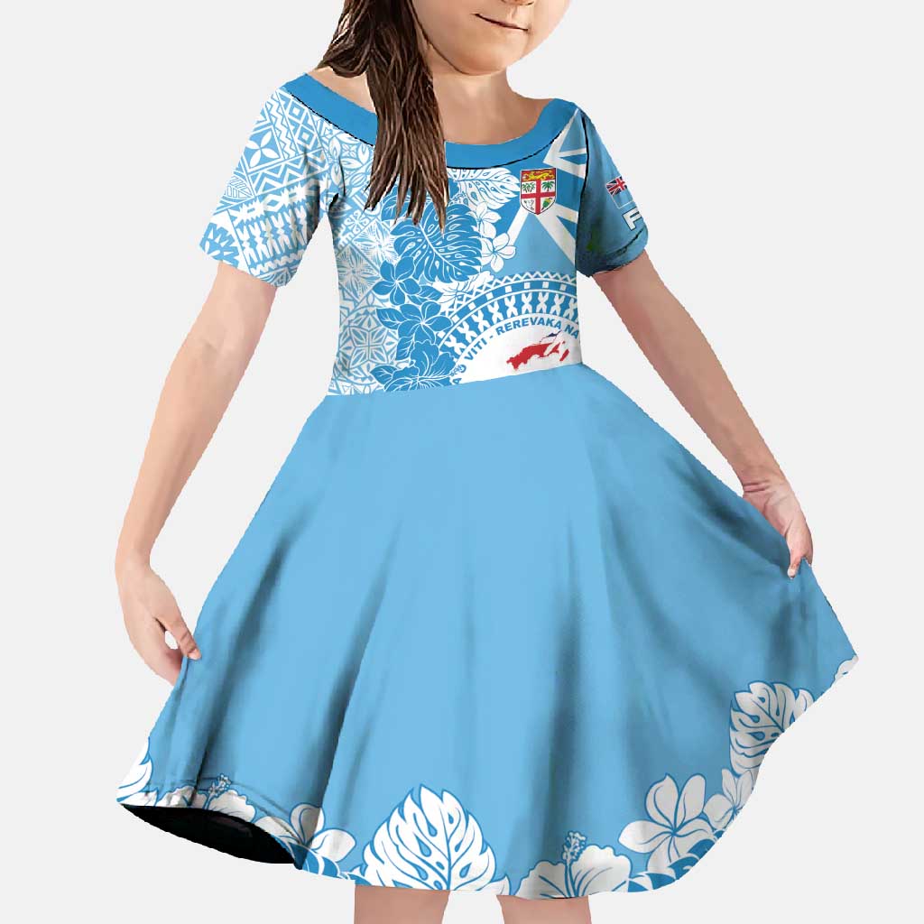 Personalised Fiji Day Family Matching Mermaid Dress and Hawaiian Shirt Fijian Map Hibiscus Tapa Pattern LT01 Daughter's Dress Blue - Polynesian Pride