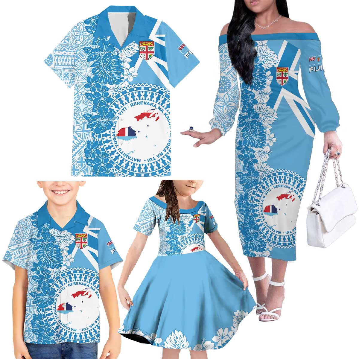 Personalised Fiji Day Family Matching Off The Shoulder Long Sleeve Dress and Hawaiian Shirt Fijian Map Hibiscus Tapa Pattern LT01 - Polynesian Pride