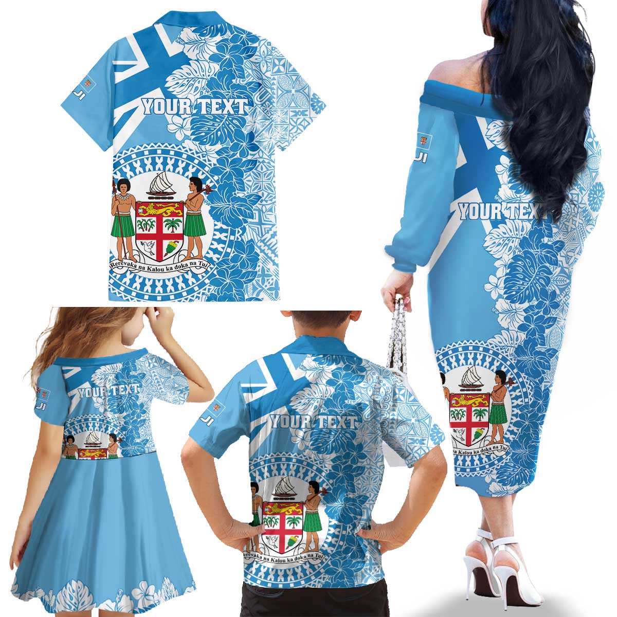 Personalised Fiji Day Family Matching Off The Shoulder Long Sleeve Dress and Hawaiian Shirt Fijian Map Hibiscus Tapa Pattern LT01 - Polynesian Pride