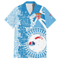 Personalised Fiji Day Family Matching Off The Shoulder Long Sleeve Dress and Hawaiian Shirt Fijian Map Hibiscus Tapa Pattern LT01 Dad's Shirt - Short Sleeve Blue - Polynesian Pride