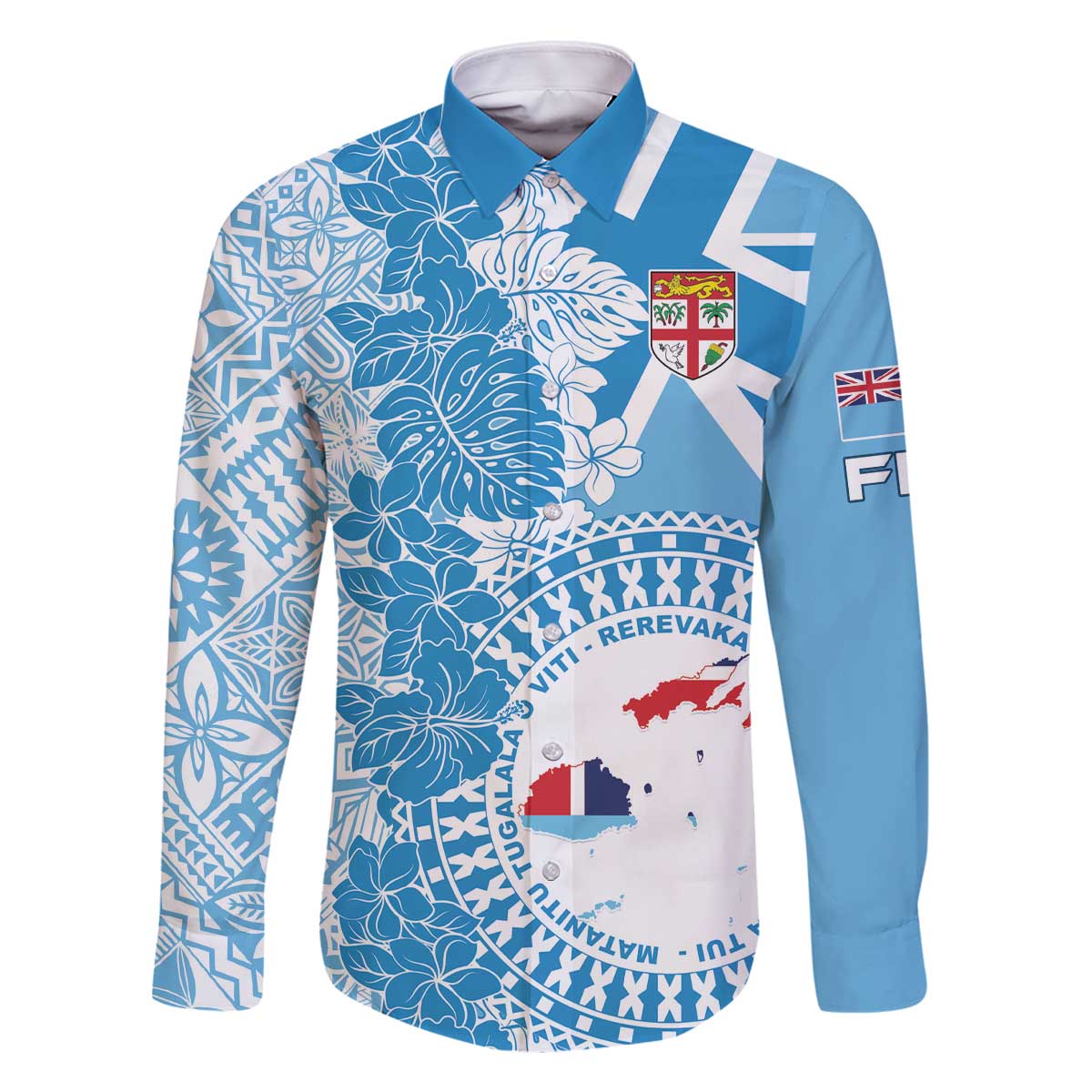 Personalised Fiji Day Family Matching Off The Shoulder Long Sleeve Dress and Hawaiian Shirt Fijian Map Hibiscus Tapa Pattern LT01 Dad's Shirt - Long Sleeve Blue - Polynesian Pride