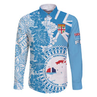 Personalised Fiji Day Family Matching Off The Shoulder Long Sleeve Dress and Hawaiian Shirt Fijian Map Hibiscus Tapa Pattern LT01 Dad's Shirt - Long Sleeve Blue - Polynesian Pride