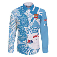 Personalised Fiji Day Family Matching Off Shoulder Maxi Dress and Hawaiian Shirt Fijian Map Hibiscus Tapa Pattern LT01 Dad's Shirt - Long Sleeve Blue - Polynesian Pride
