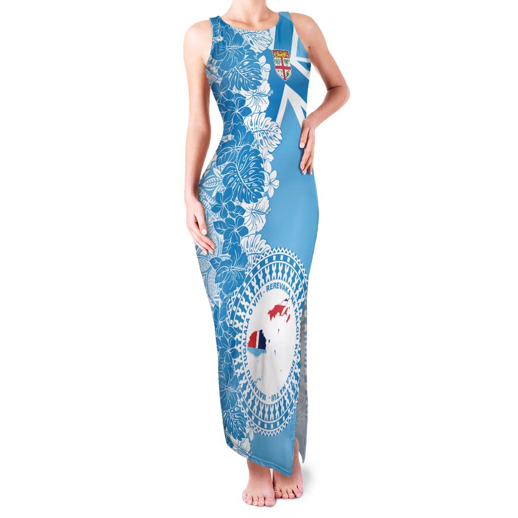 Personalised Fiji Day Family Matching Tank Maxi Dress and Hawaiian Shirt Fijian Map Hibiscus Tapa Pattern LT01 Mom's Dress Blue - Polynesian Pride