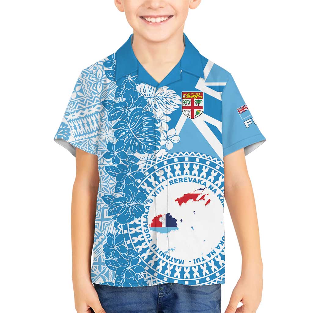 Personalised Fiji Day Family Matching Tank Maxi Dress and Hawaiian Shirt Fijian Map Hibiscus Tapa Pattern LT01 Son's Shirt Blue - Polynesian Pride