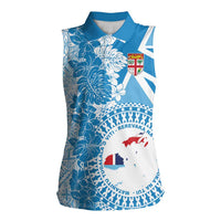 Personalised Fiji Day Women Sleeveless Polo Shirt Fijian Map Hibiscus Tapa Pattern LT01 Female Blue - Polynesian Pride