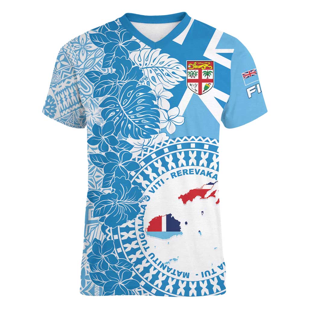 Personalised Fiji Day Women V-Neck T-Shirt Fijian Map Hibiscus Tapa Pattern LT01 Female Blue - Polynesian Pride