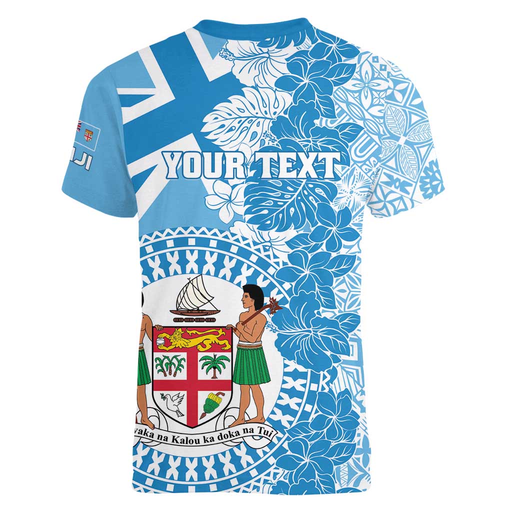 Personalised Fiji Day Women V-Neck T-Shirt Fijian Map Hibiscus Tapa Pattern LT01 - Polynesian Pride