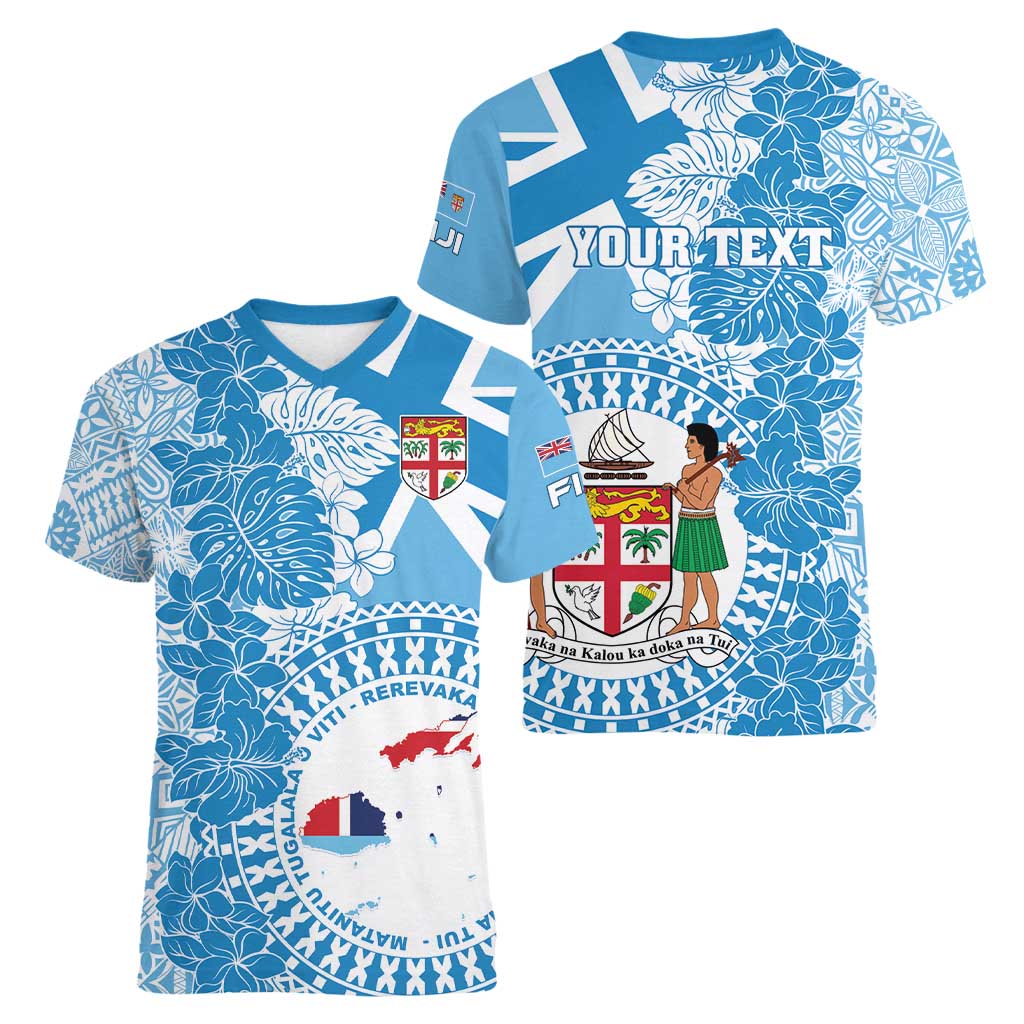 Personalised Fiji Day Women V-Neck T-Shirt Fijian Map Hibiscus Tapa Pattern LT01 - Polynesian Pride