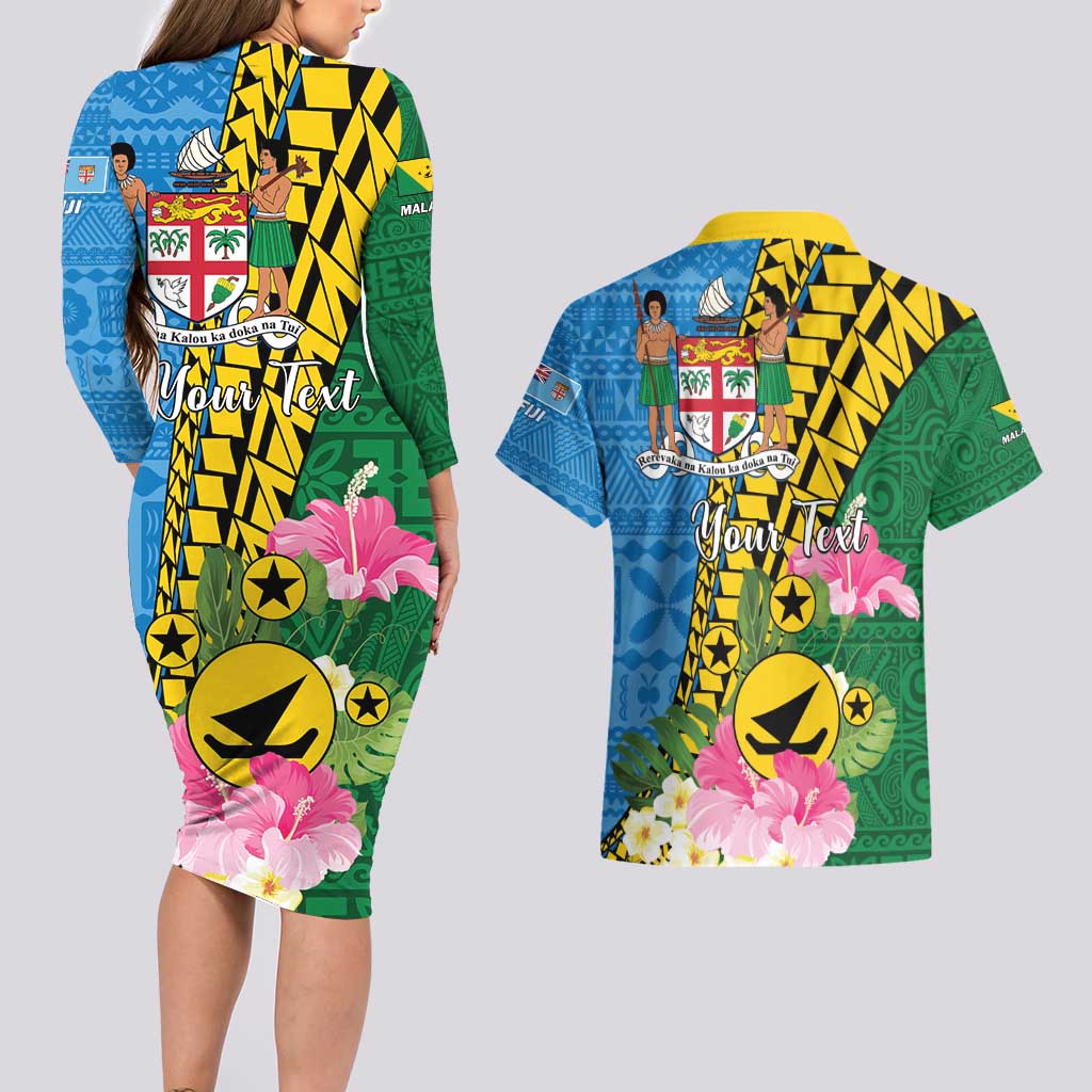 Personalised Malampa Fiji Day Couples Matching Long Sleeve Bodycon Dress and Hawaiian Shirt Tropical Tapa Pattern LT01 - Polynesian Pride