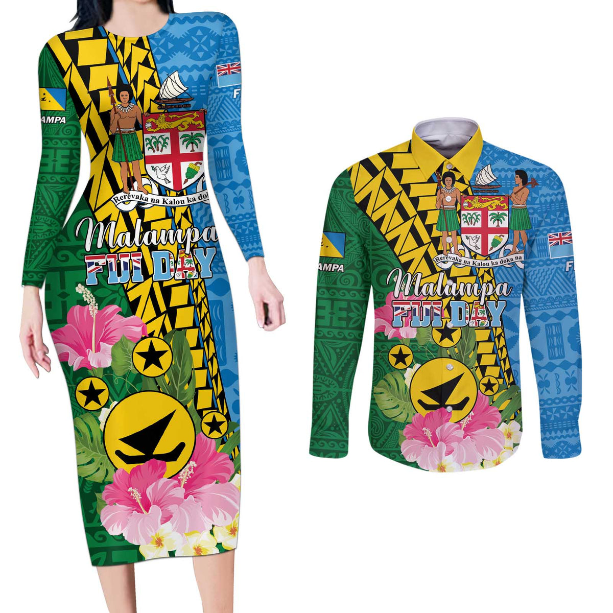 Personalised Malampa Fiji Day Couples Matching Long Sleeve Bodycon Dress and Long Sleeve Button Shirt Tropical Tapa Pattern LT01 Art - Polynesian Pride