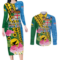 Personalised Malampa Fiji Day Couples Matching Long Sleeve Bodycon Dress and Long Sleeve Button Shirt Tropical Tapa Pattern LT01 Art - Polynesian Pride