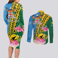 Personalised Malampa Fiji Day Couples Matching Long Sleeve Bodycon Dress and Long Sleeve Button Shirt Tropical Tapa Pattern LT01 - Polynesian Pride