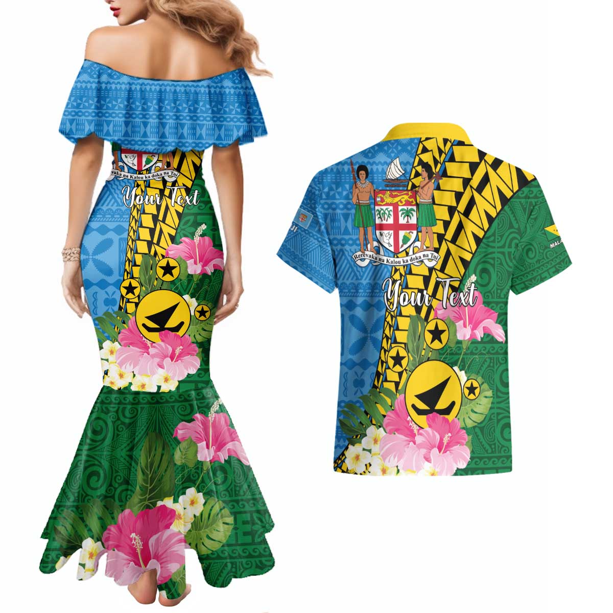 Personalised Malampa Fiji Day Couples Matching Mermaid Dress and Hawaiian Shirt Tropical Tapa Pattern LT01 - Polynesian Pride