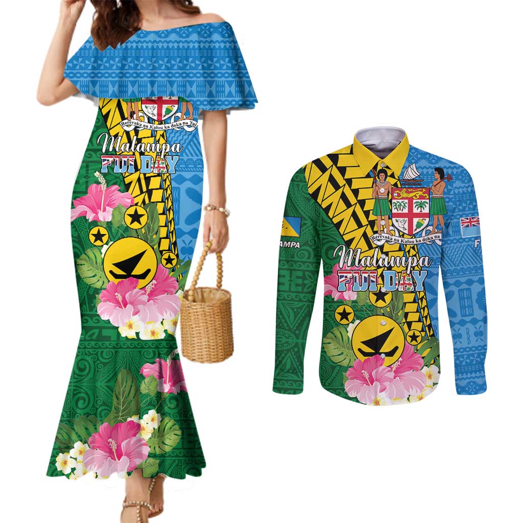 Personalised Malampa Fiji Day Couples Matching Mermaid Dress and Long Sleeve Button Shirt Tropical Tapa Pattern LT01 Art - Polynesian Pride