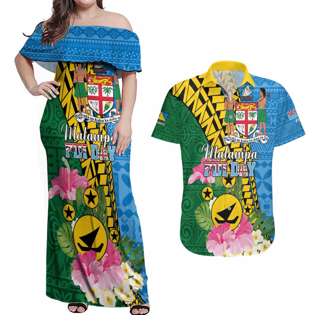 Personalised Malampa Fiji Day Couples Matching Off Shoulder Maxi Dress and Hawaiian Shirt Tropical Tapa Pattern LT01 Art - Polynesian Pride