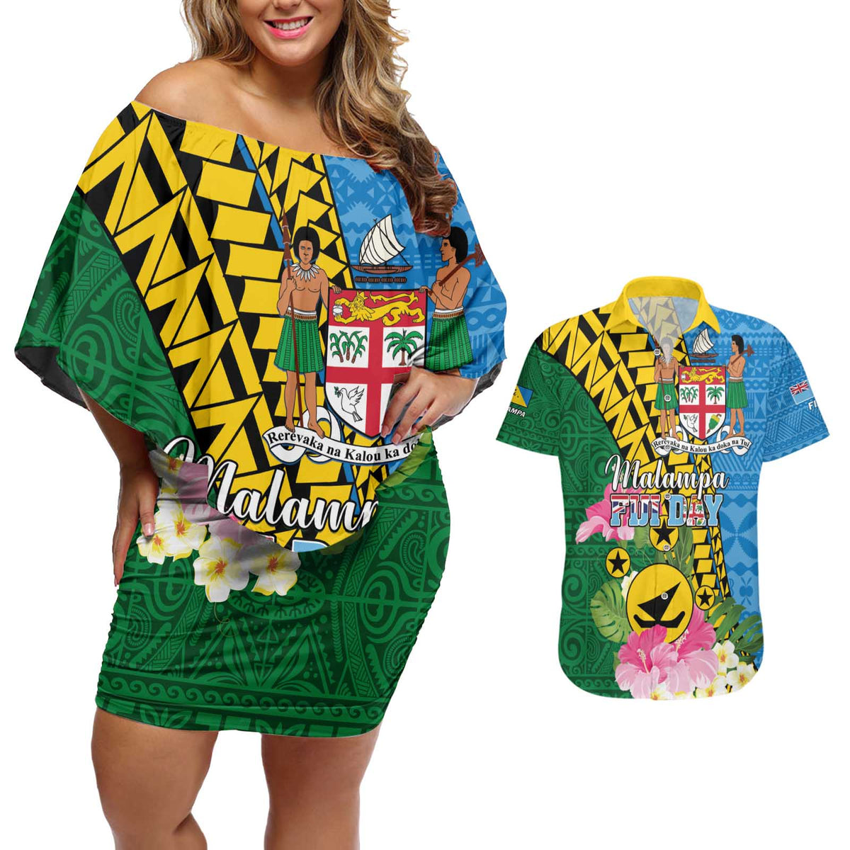 Personalised Malampa Fiji Day Couples Matching Off Shoulder Short Dress and Hawaiian Shirt Tropical Tapa Pattern LT01 Art - Polynesian Pride