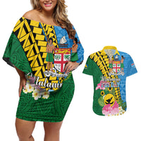 Personalised Malampa Fiji Day Couples Matching Off Shoulder Short Dress and Hawaiian Shirt Tropical Tapa Pattern LT01 Art - Polynesian Pride