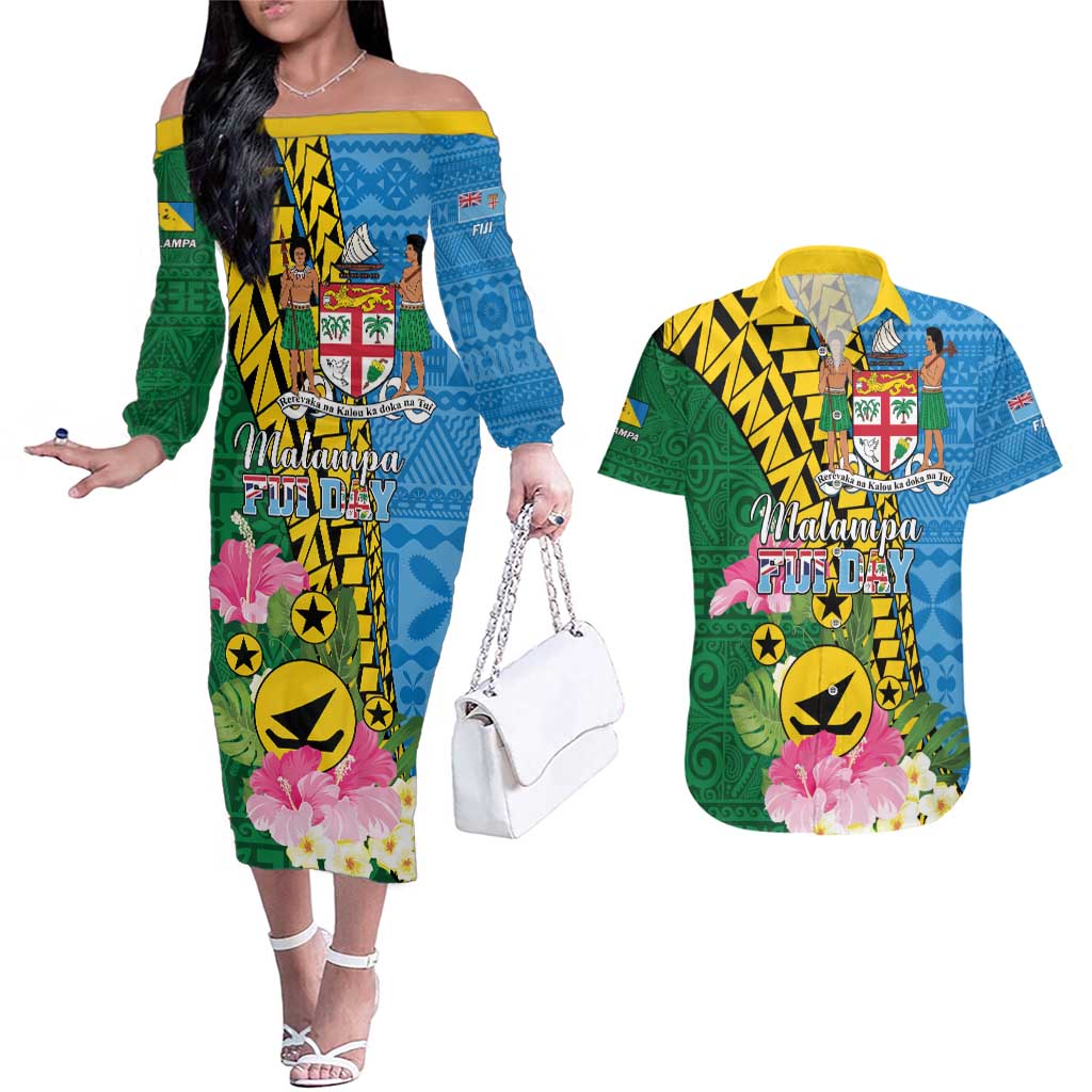 Personalised Malampa Fiji Day Couples Matching Off The Shoulder Long Sleeve Dress and Hawaiian Shirt Tropical Tapa Pattern LT01 Art - Polynesian Pride