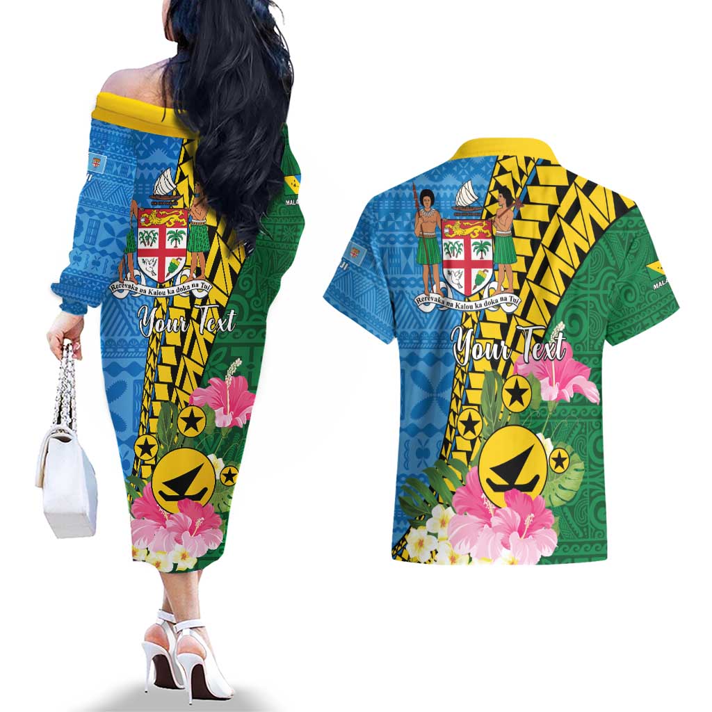 Personalised Malampa Fiji Day Couples Matching Off The Shoulder Long Sleeve Dress and Hawaiian Shirt Tropical Tapa Pattern LT01 - Polynesian Pride