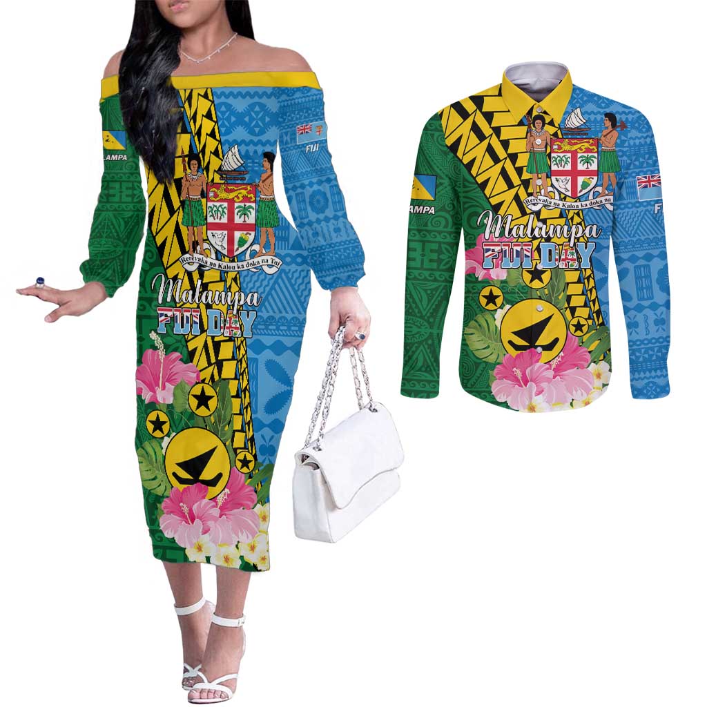 Personalised Malampa Fiji Day Couples Matching Off The Shoulder Long Sleeve Dress and Long Sleeve Button Shirt Tropical Tapa Pattern LT01 Art - Polynesian Pride