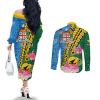 Personalised Malampa Fiji Day Couples Matching Off The Shoulder Long Sleeve Dress and Long Sleeve Button Shirt Tropical Tapa Pattern LT01 - Polynesian Pride
