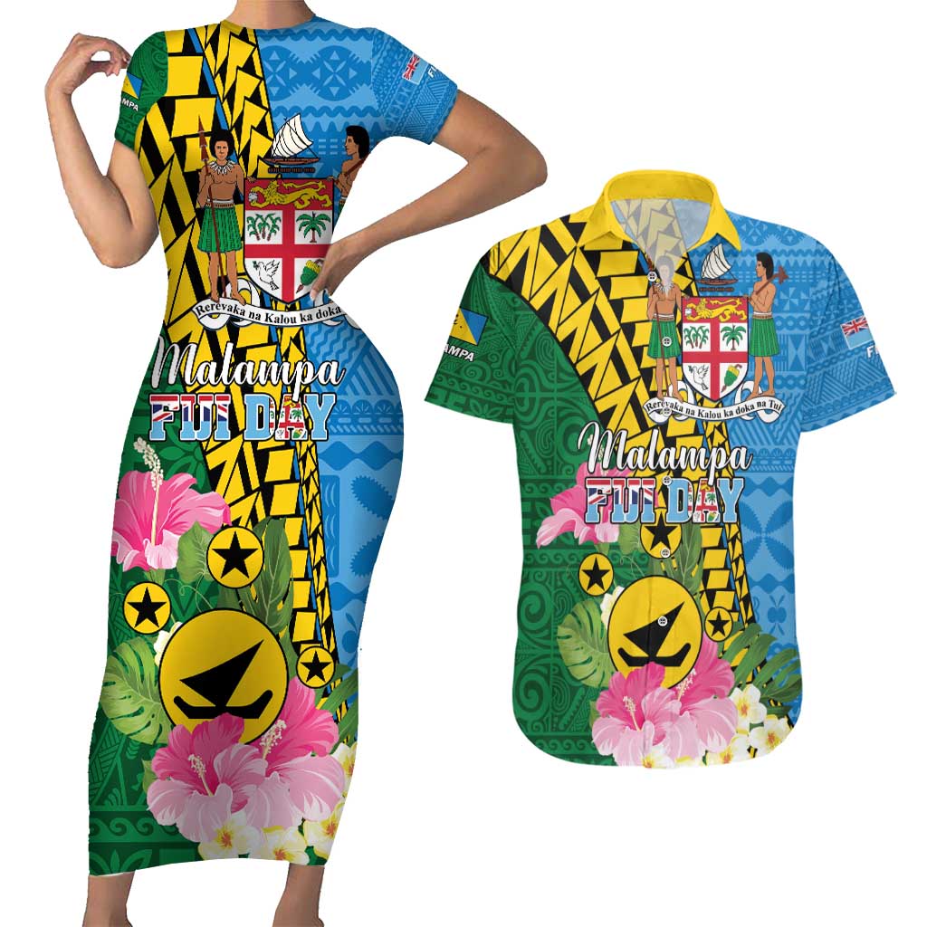 Personalised Malampa Fiji Day Couples Matching Short Sleeve Bodycon Dress and Hawaiian Shirt Tropical Tapa Pattern LT01 Art - Polynesian Pride