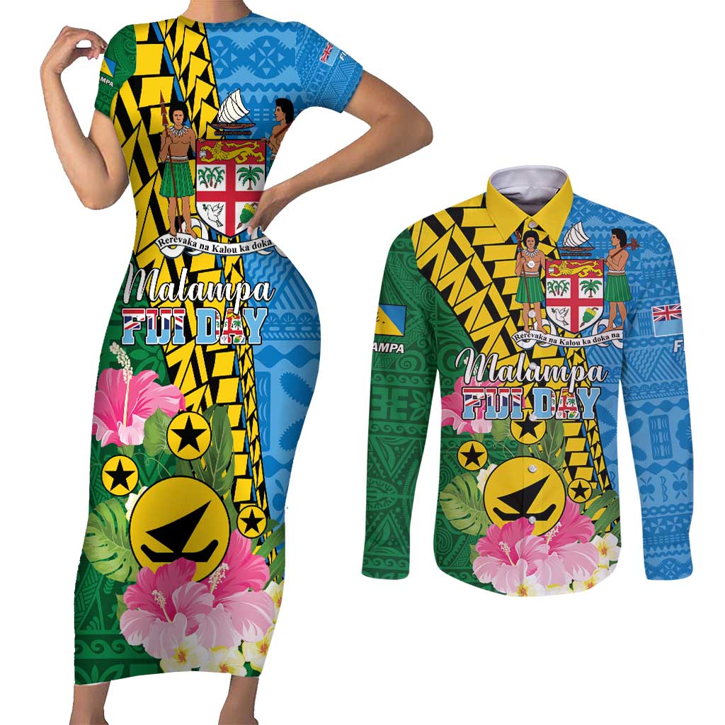 Personalised Malampa Fiji Day Couples Matching Short Sleeve Bodycon Dress and Long Sleeve Button Shirt Tropical Tapa Pattern LT01 Art - Polynesian Pride