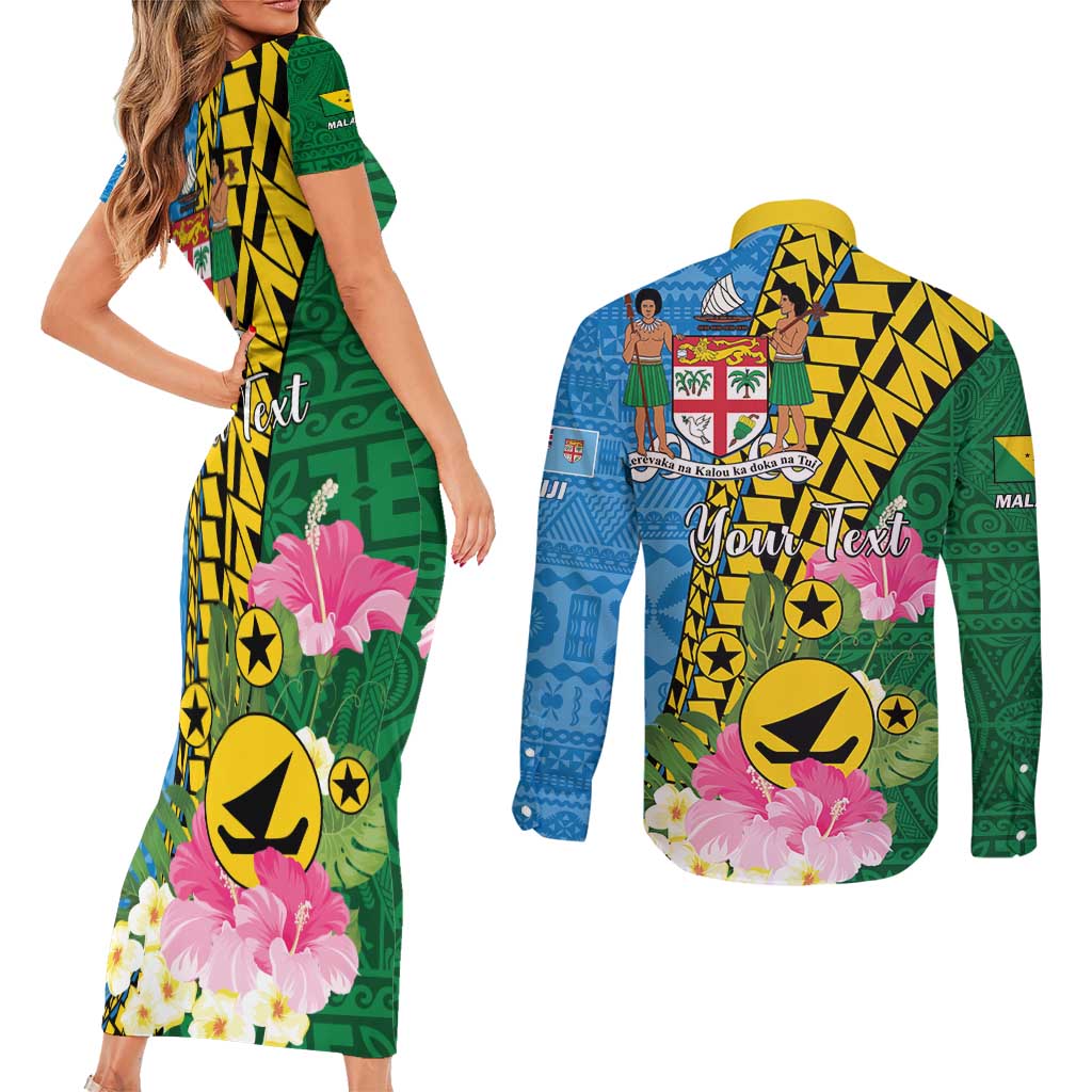 Personalised Malampa Fiji Day Couples Matching Short Sleeve Bodycon Dress and Long Sleeve Button Shirt Tropical Tapa Pattern LT01 - Polynesian Pride