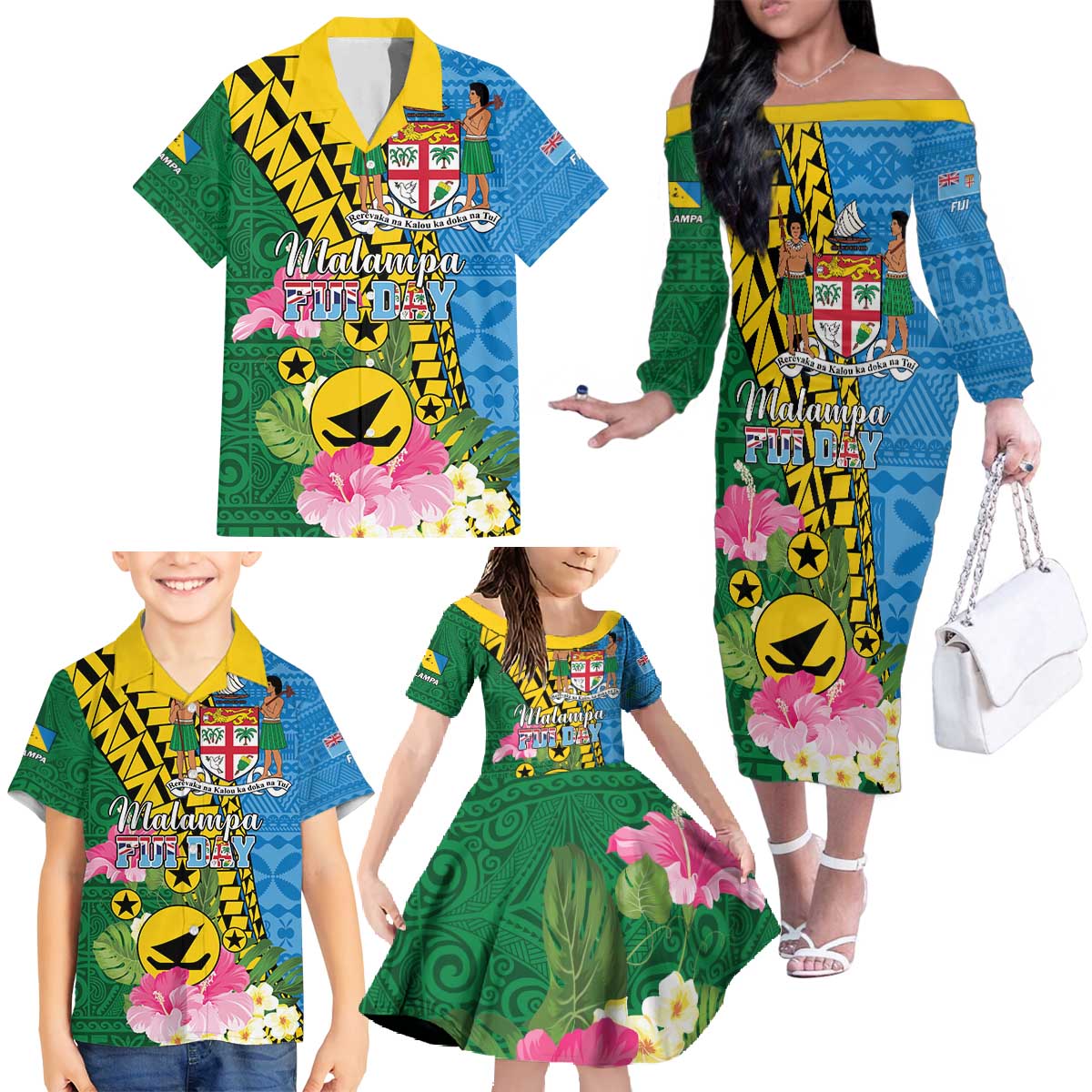 Personalised Malampa Fiji Day Family Matching Off The Shoulder Long Sleeve Dress and Hawaiian Shirt Tropical Tapa Pattern LT01 - Polynesian Pride