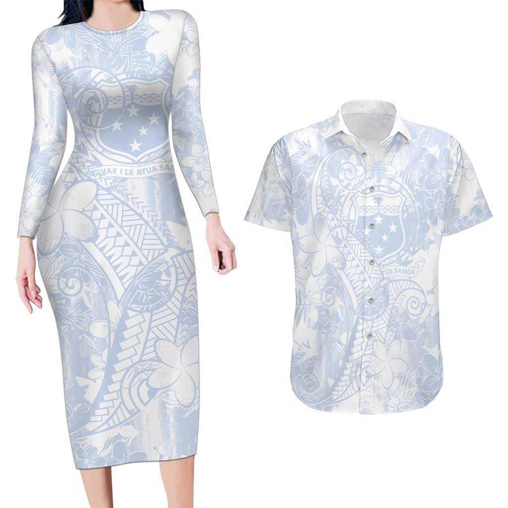 Samoa White Sunday Couples Matching Long Sleeve Bodycon Dress and Hawaiian Shirt Plumeria Floral LT01 White - Polynesian Pride
