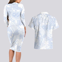 Samoa White Sunday Couples Matching Long Sleeve Bodycon Dress and Hawaiian Shirt Plumeria Floral LT01 - Polynesian Pride