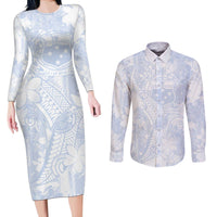Samoa White Sunday Couples Matching Long Sleeve Bodycon Dress and Long Sleeve Button Shirt Plumeria Floral LT01 White - Polynesian Pride