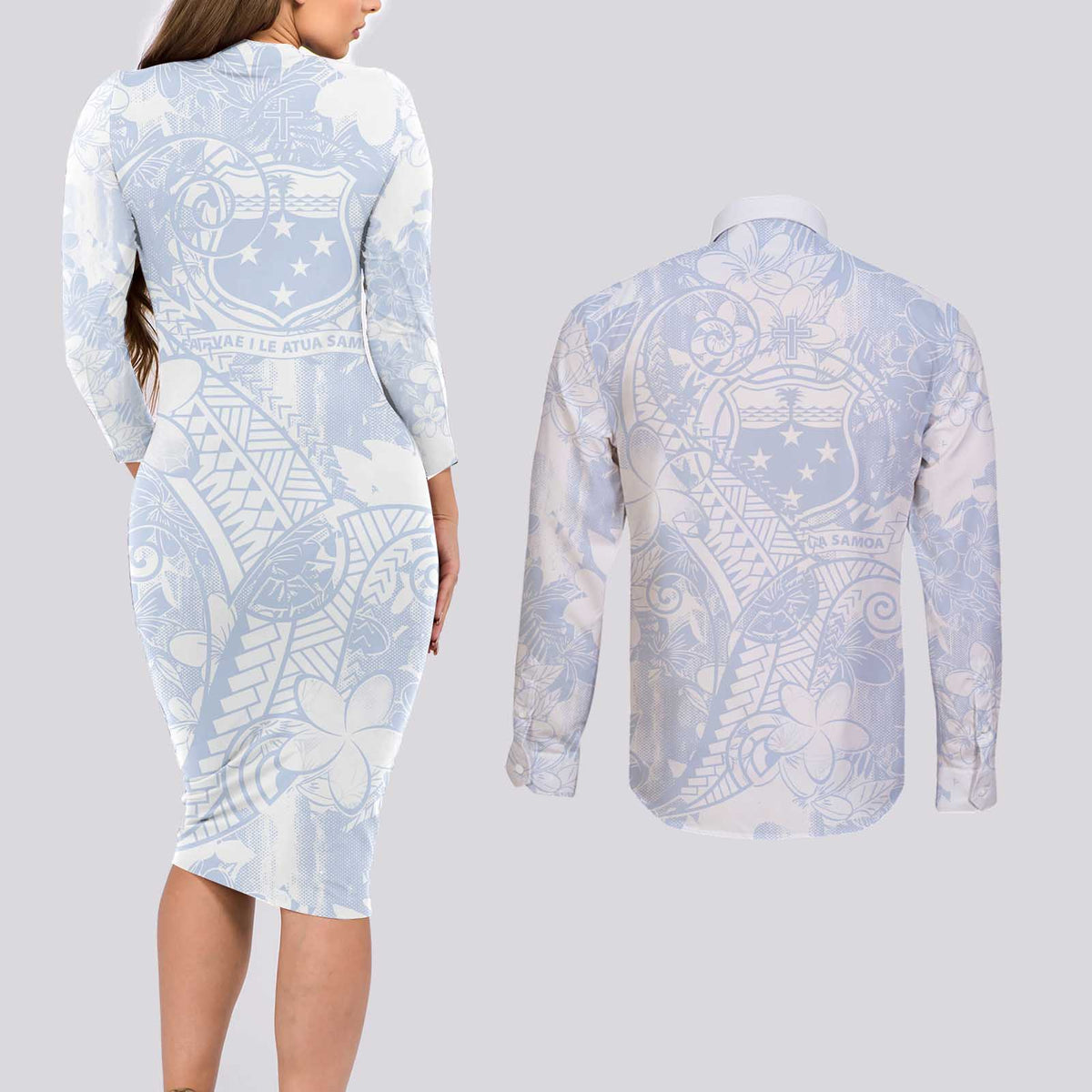 Samoa White Sunday Couples Matching Long Sleeve Bodycon Dress and Long Sleeve Button Shirt Plumeria Floral LT01 - Polynesian Pride