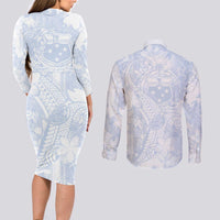 Samoa White Sunday Couples Matching Long Sleeve Bodycon Dress and Long Sleeve Button Shirt Plumeria Floral LT01 - Polynesian Pride